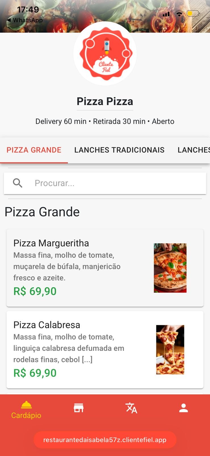 Cardápio digital de exemplo no Cliente Fiel